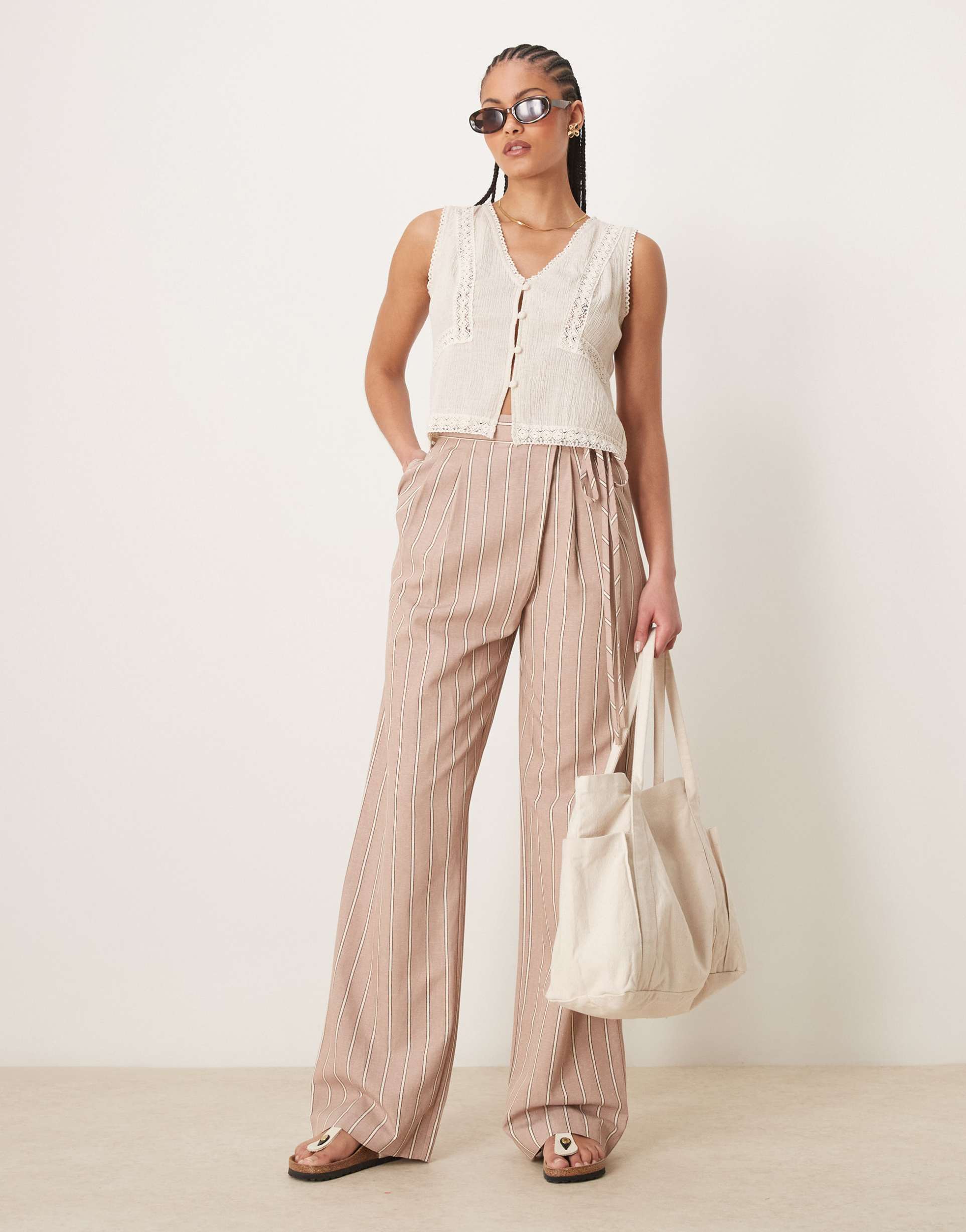 asos design tall tailored wrap tie pants with linen in mink stripe