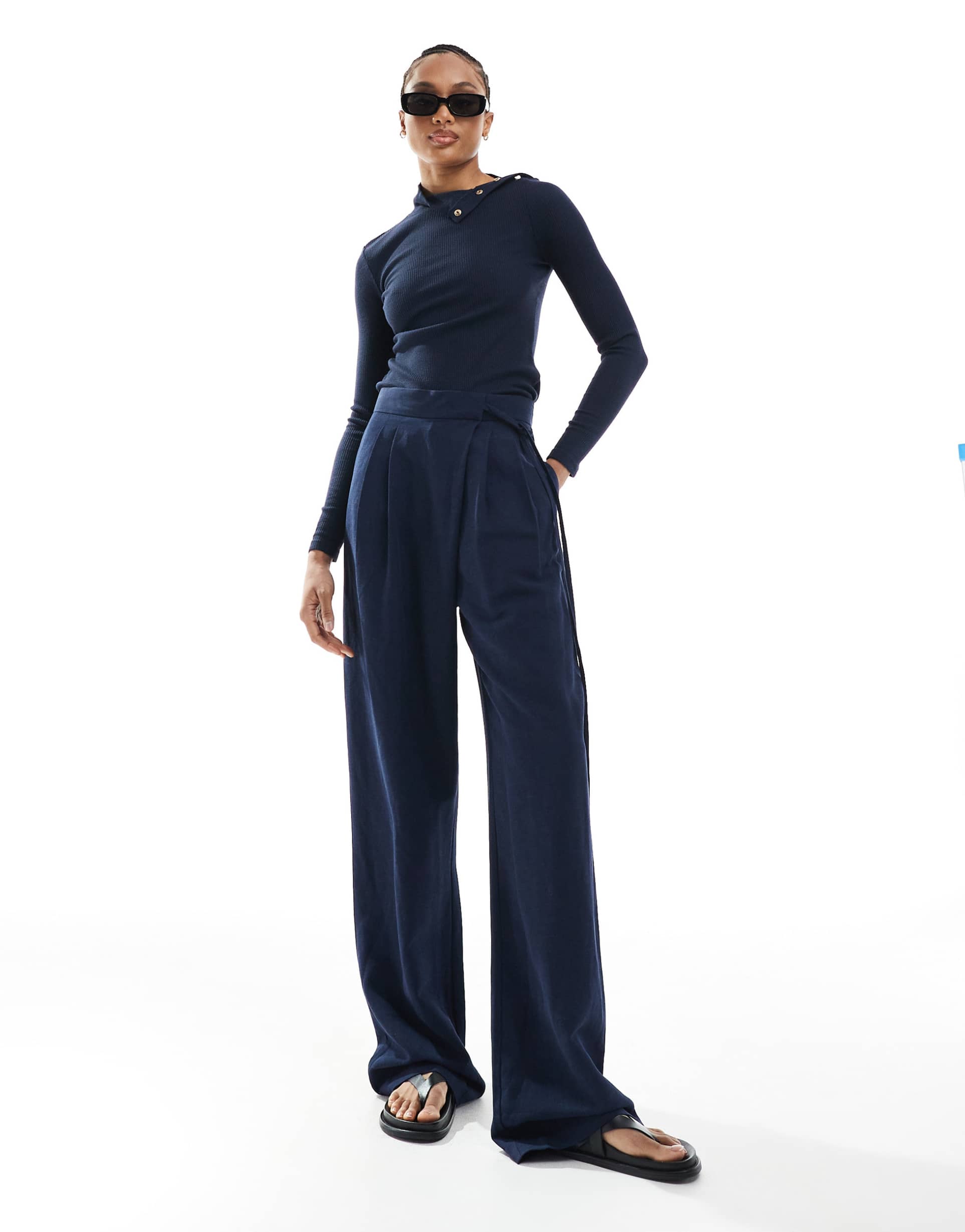asos design tall tailored wrap tie pants with linen in navy