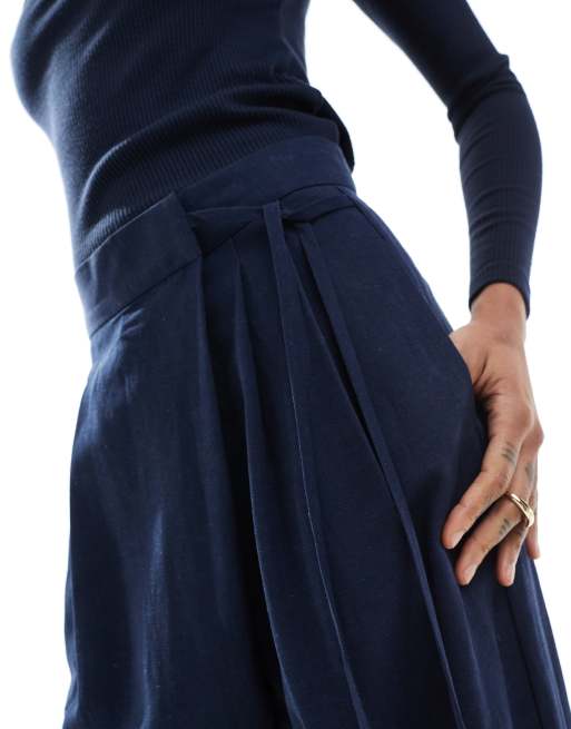 ASOS DESIGN Tall tailored wrap tie pants with linen in navy