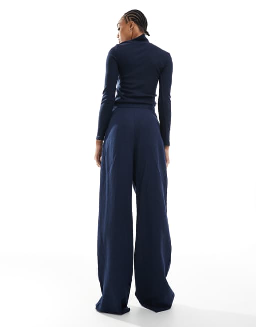ASOS DESIGN Tall tailored wrap tie pants with linen in navy