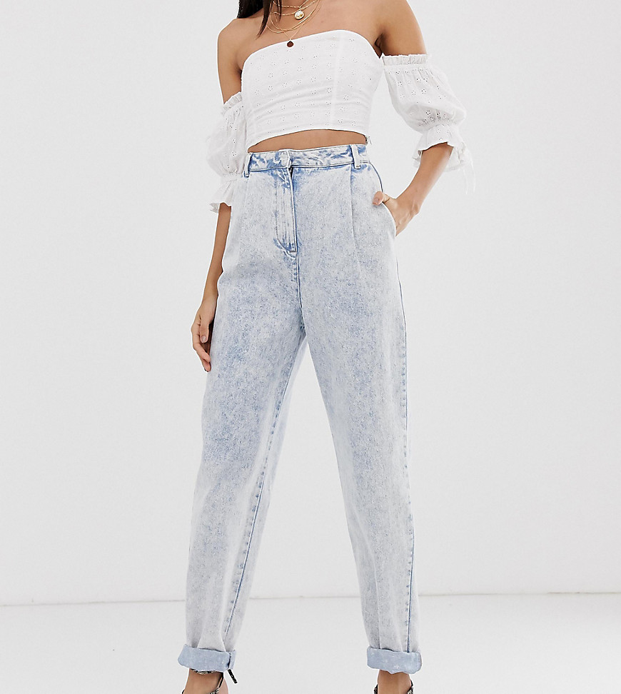 ASOS DESIGN Tall tapered boyfriend jeans with curved seam in bleach acid wash-Blue