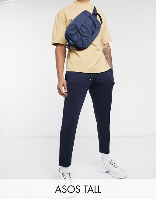 ASOS DESIGN Tall tapered joggers in scuba fabric with pin tucks & fixed hem in navy