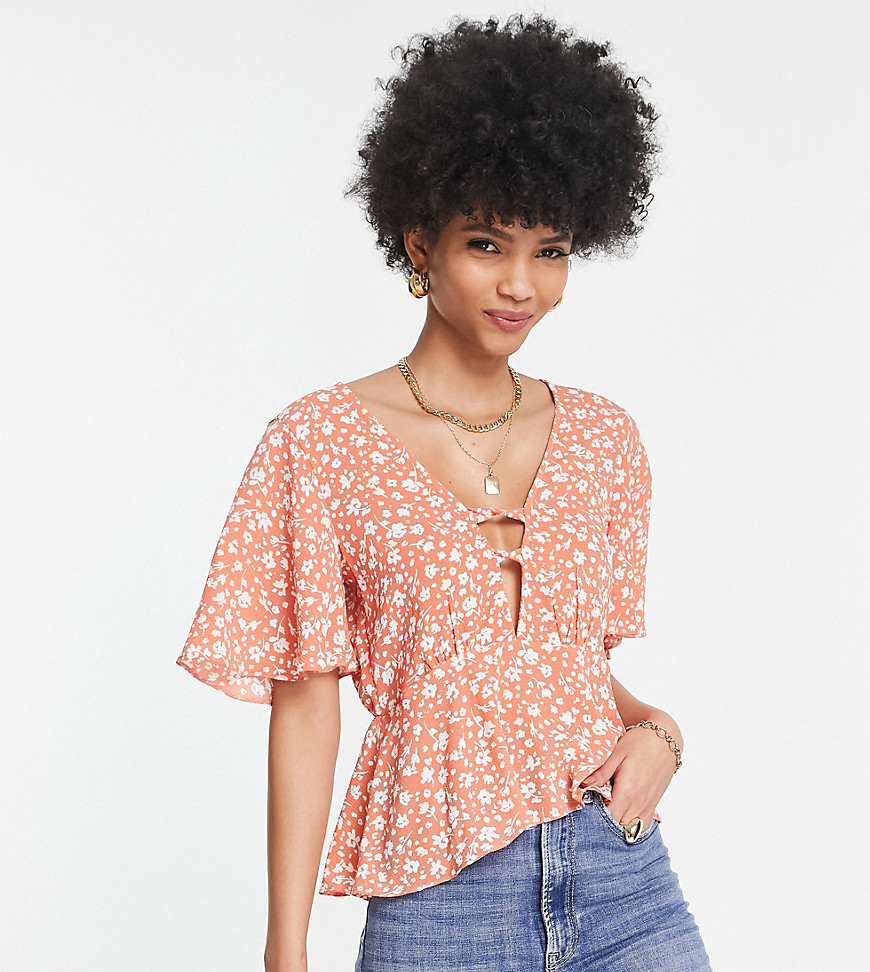 Asos Design Tall Tea Blouse With Peplum Hem And Angel Sleeve With Twist Front Detail In Rust Floral-Multi