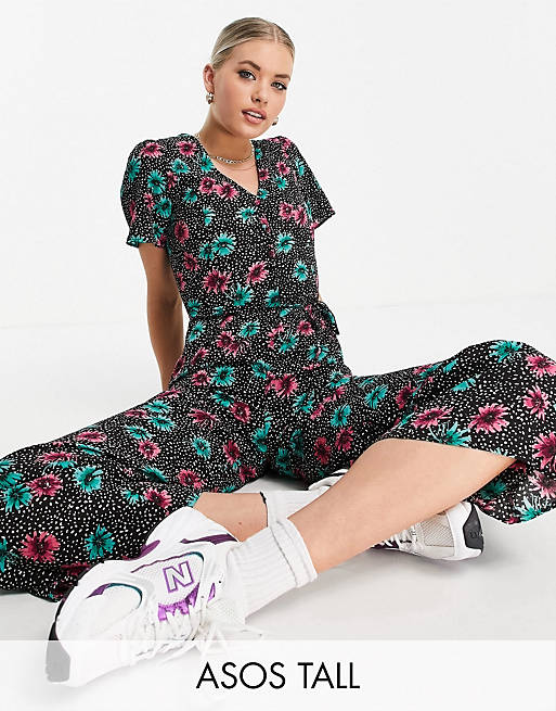 Jumpsuits & Playsuits tall tea button front jumpsuit in floral polka dot 
