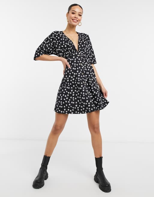 ASOS DESIGN Tall tea dress with horn buttons in black base floral