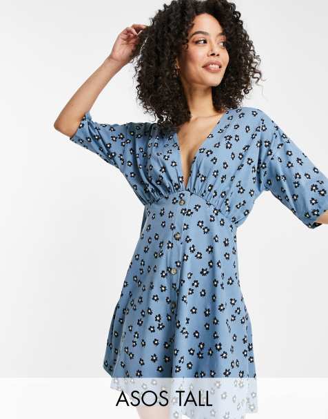 ASOS DESIGN Tall tea dress with horn buttons in blue base floral