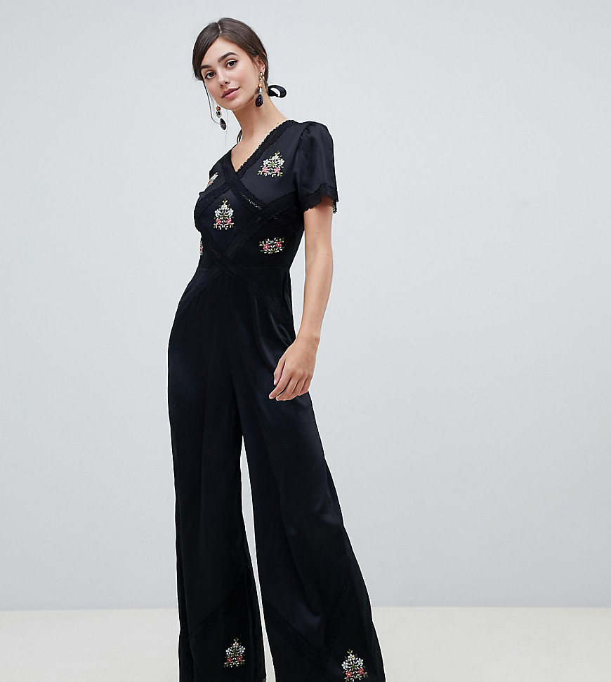 Asos Tall - Asos design - tall - tea jumpsuit met versiering en kanten inzetstukken-zwart