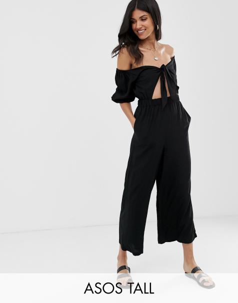 ASOS DESIGN Tall tea jumpsuit with puff sleeve and tie detail