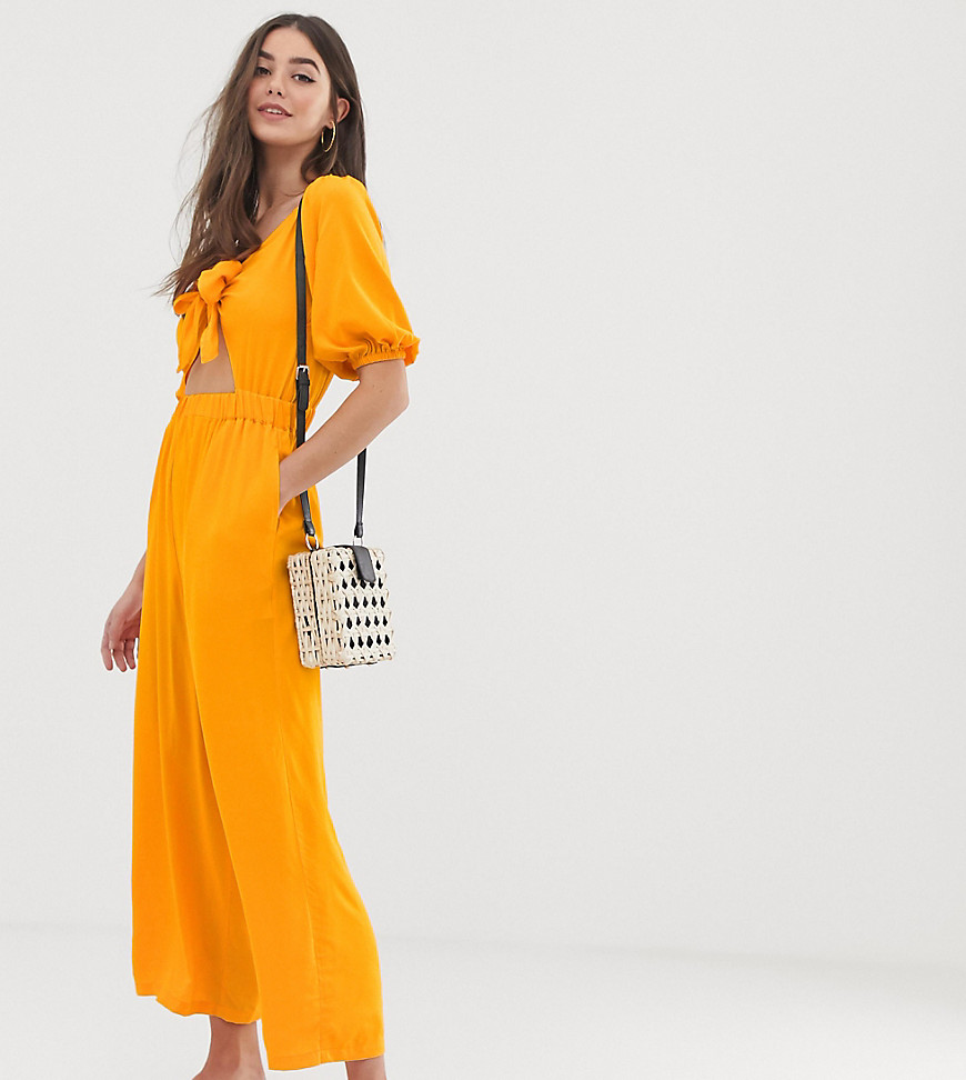 ASOS DESIGN Tall tea jumpsuit with puff sleeve and tie detail-Yellow