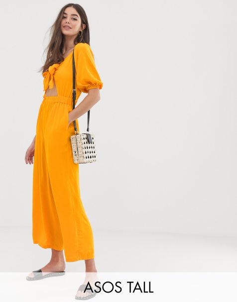 ASOS DESIGN Tall tea jumpsuit with puff sleeve and tie detail
