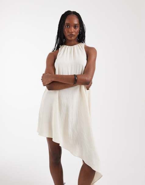 ASOS DESIGN Tall techy fabric asymmetric hem volume mini dress in stone - view 1