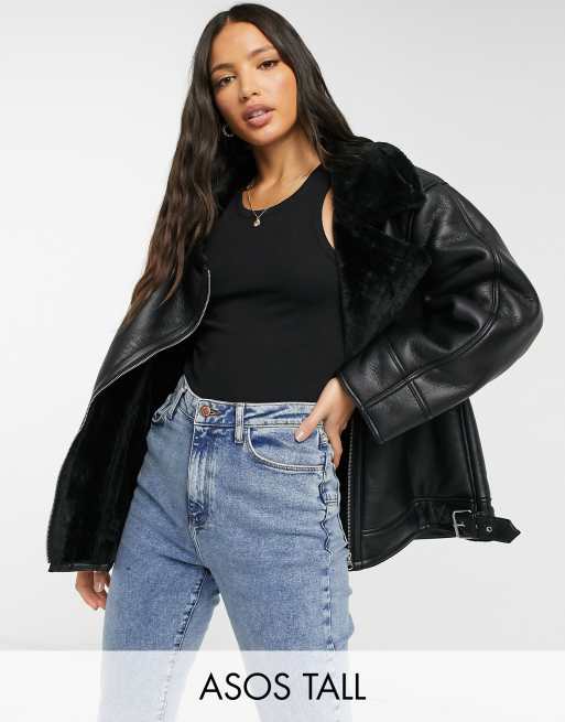ASOS DESIGN - Tall teddy-aviatorjakke i sort