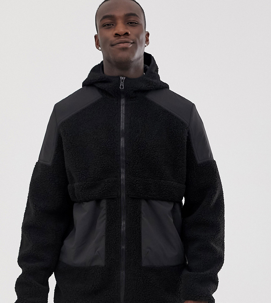 ASOS DESIGN Tall teddy zip through jacket with hood-Black