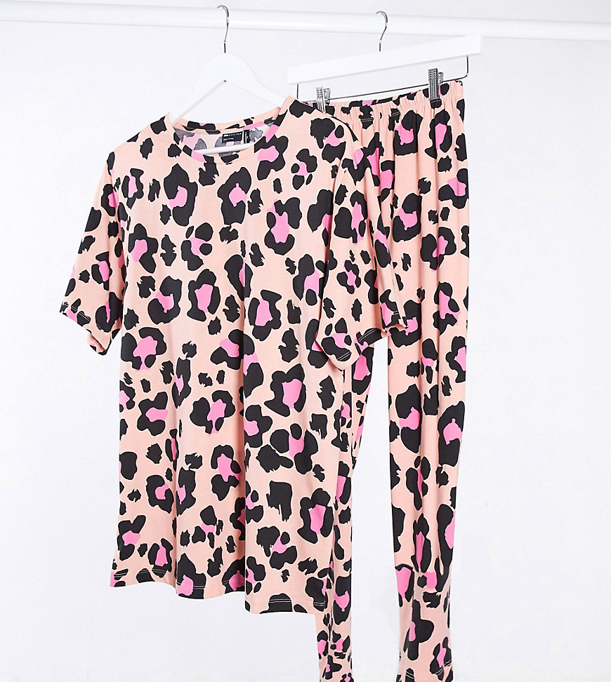 ASOS DESIGN Tall tee & legging pyjama in peach leopard print-Pink