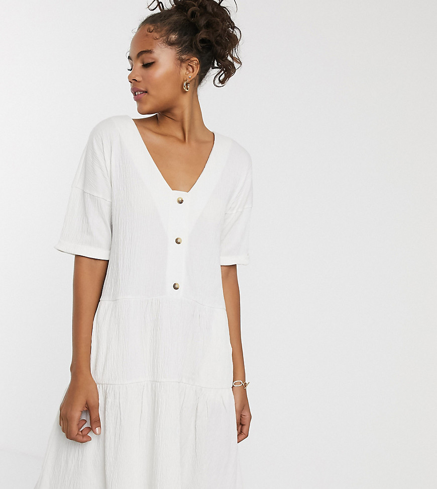 ASOS DESIGN Tall textured button through smock dress with tiered skirt-White