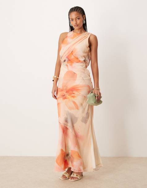 ASOS DESIGN Tall textured chiffon draped bias maxi dress in orange floral print - view 1