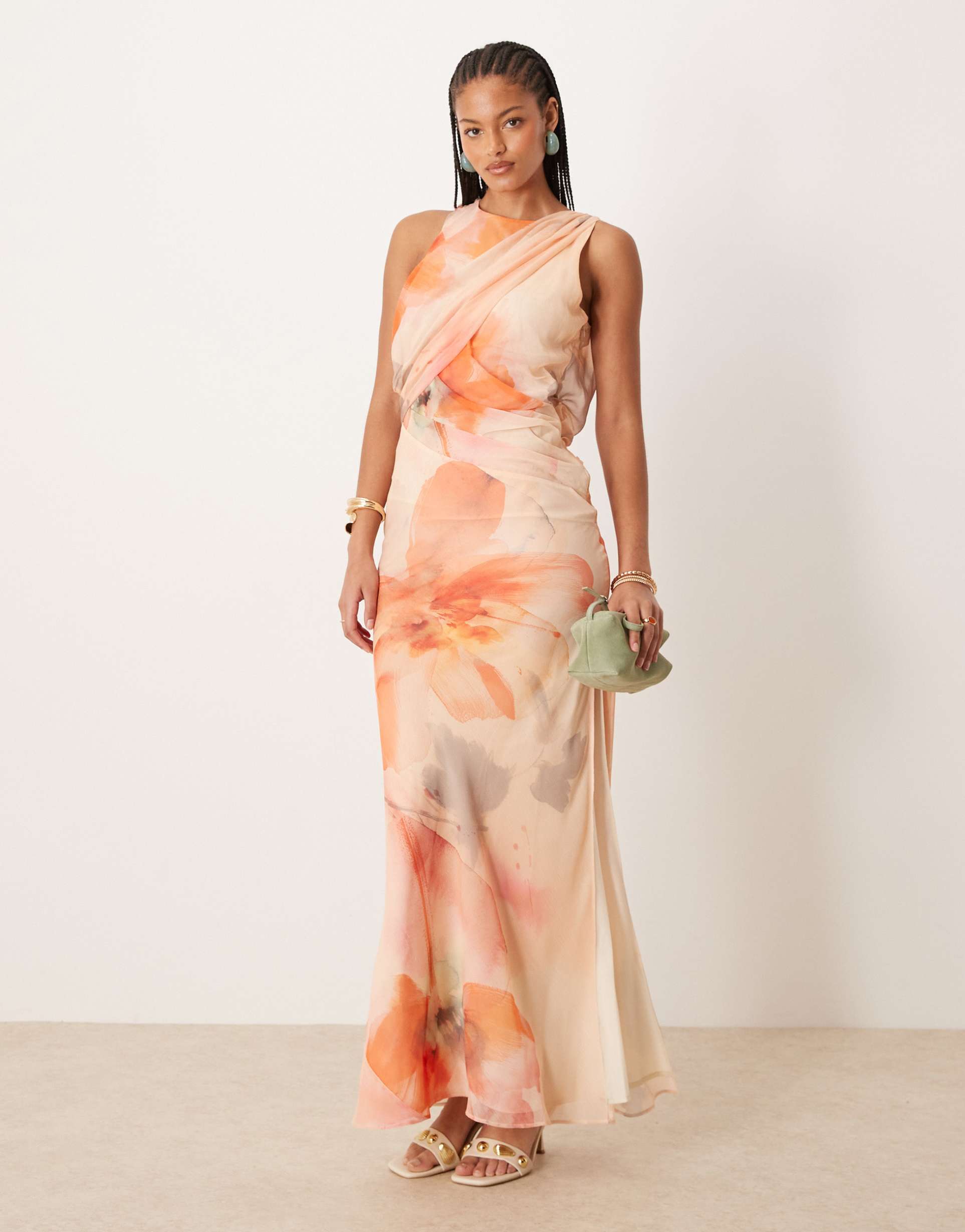 asos design tall textured chiffon draped bias maxi dress in orange floral print