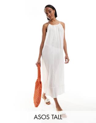 ASOS DESIGN Tall textured dobby drop hem maxi beach dress in ivory-White