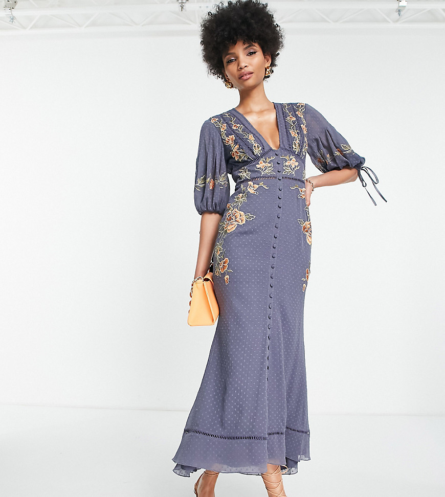 ASOS DESIGN Tall textured floral embroidered midi tea dress with tie detail in blue