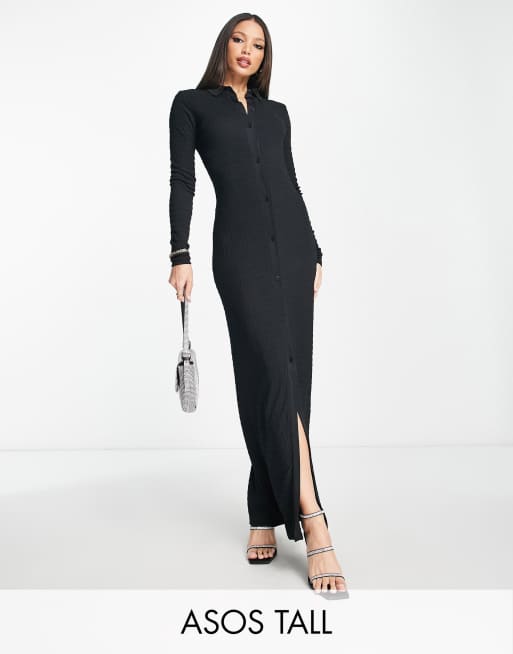 ASOS DESIGN Tall textured long sleeve maxi shirt dress in black ASOS