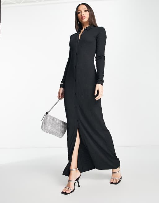 ASOS DESIGN Tall textured long sleeve maxi shirt dress in black, 4 of 4