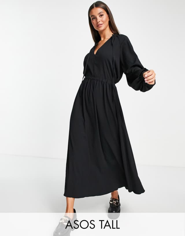 ASOS DESIGN Tall textured midi smock dress with drawstring detail in black