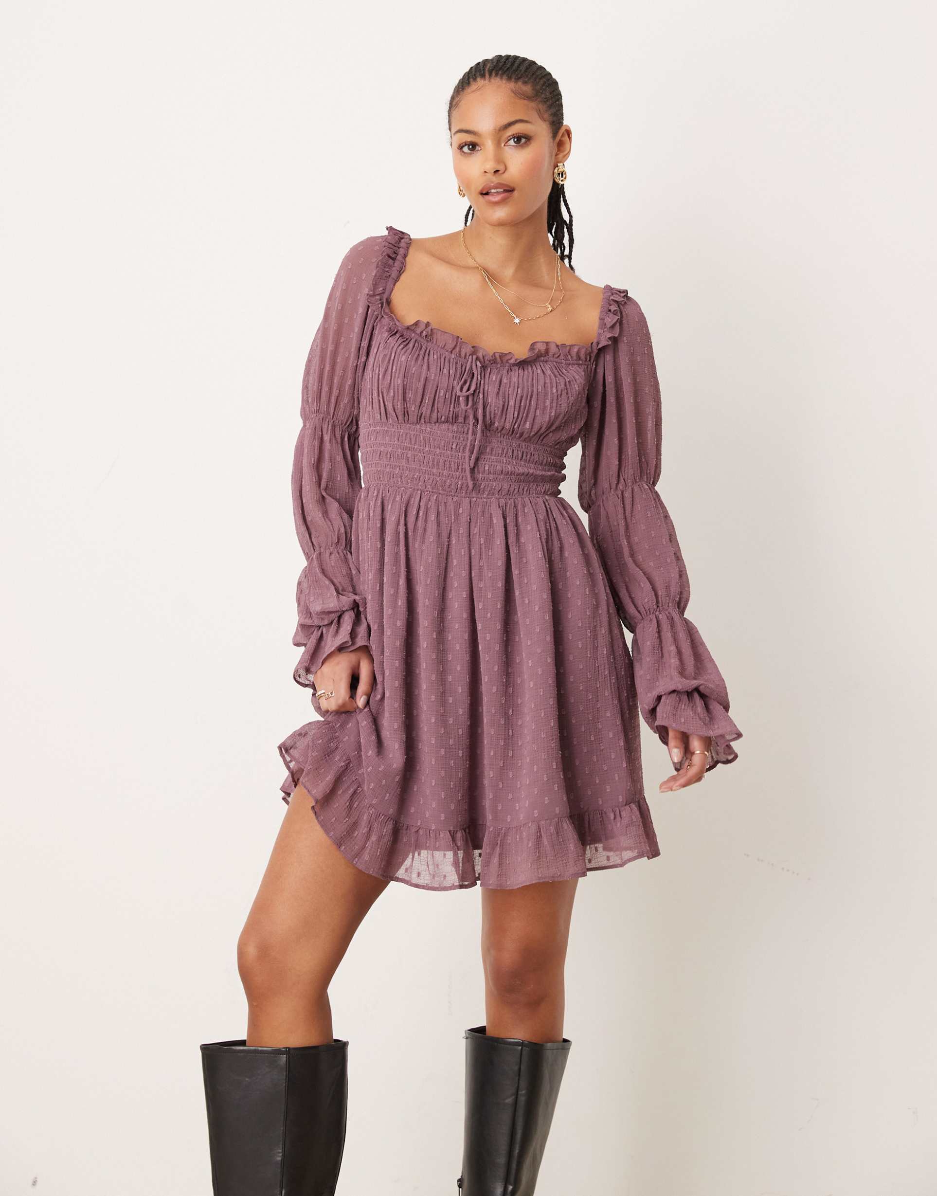 asos design tall textured milkmaid long sleeve shirred waist mini dress in mauve