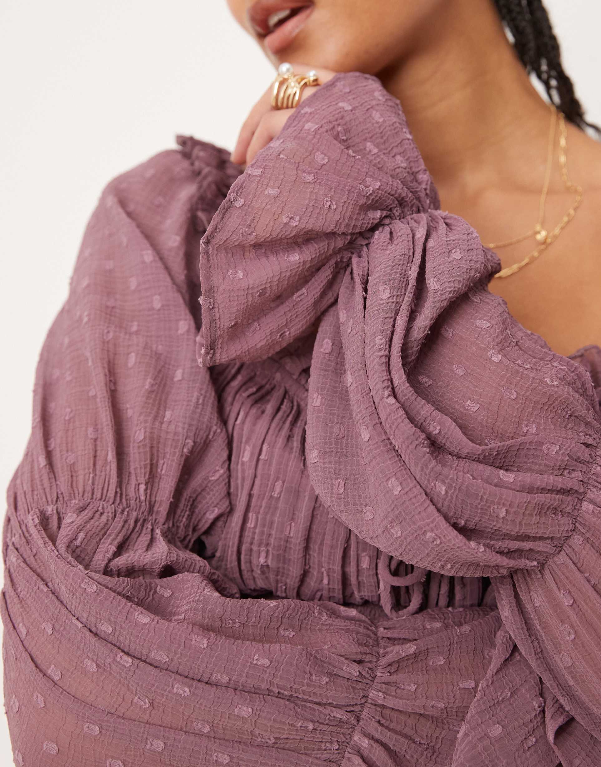 asos design tall textured milkmaid long sleeve shirred waist mini dress in mauve