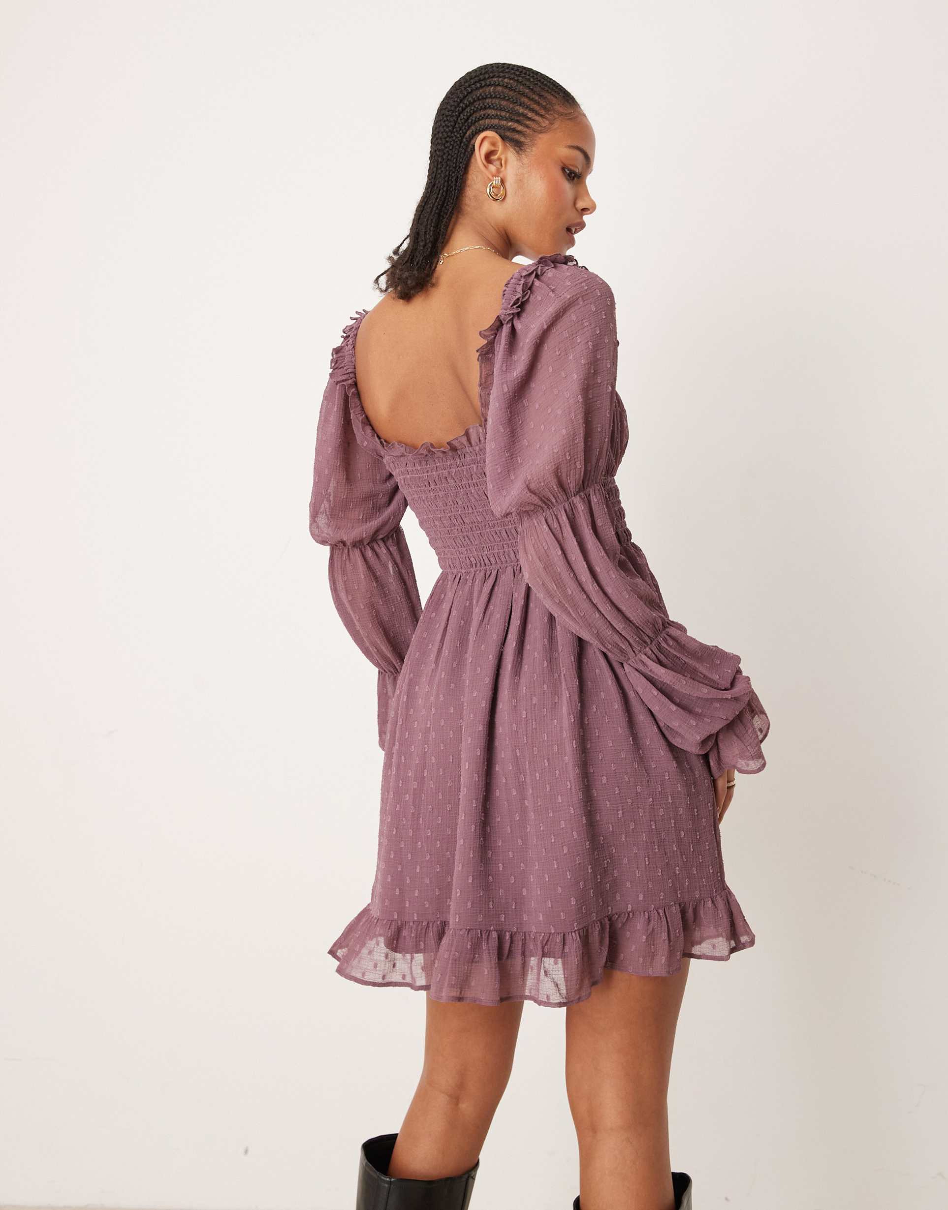 asos design tall textured milkmaid long sleeve shirred waist mini dress in mauve