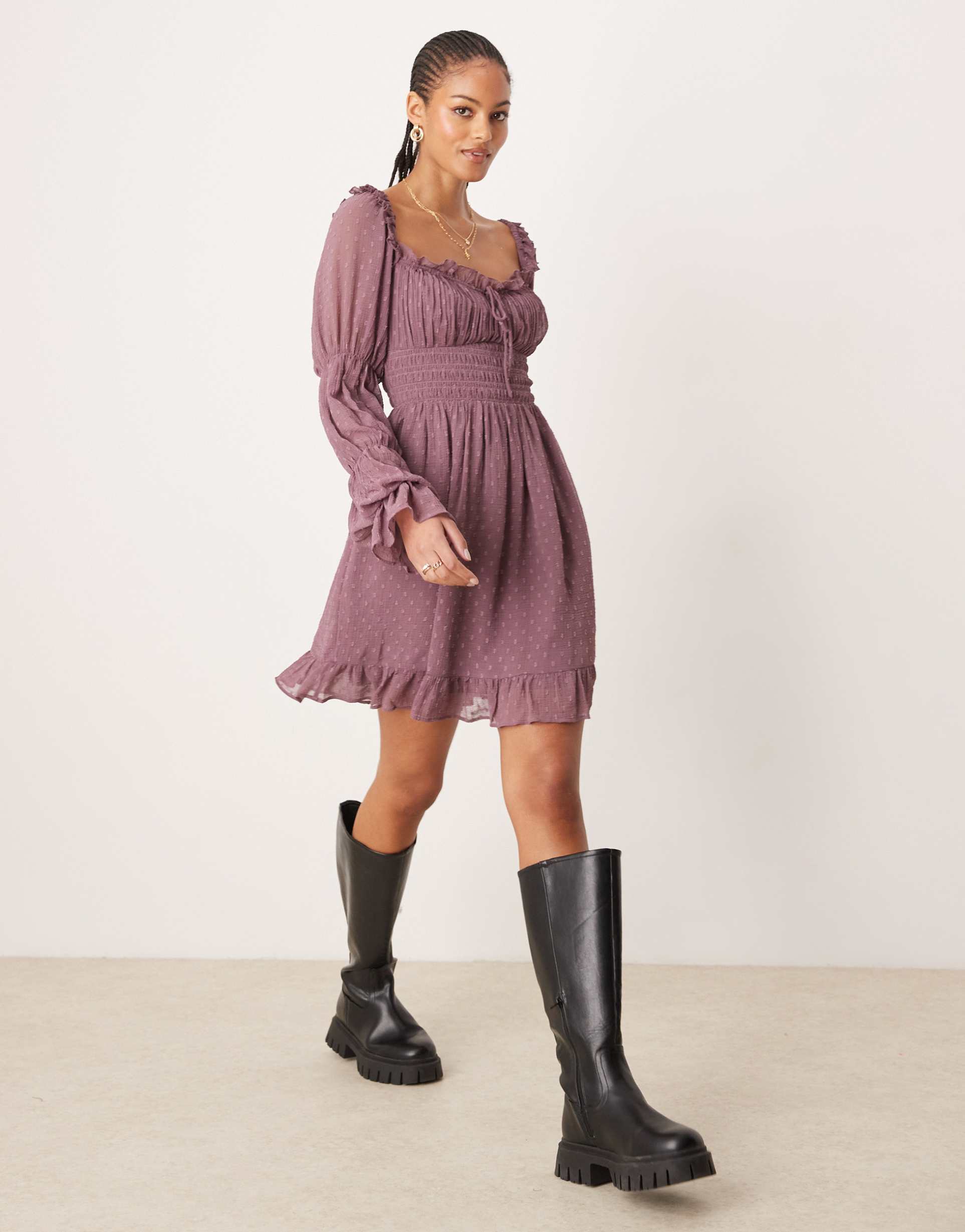 asos design tall textured milkmaid long sleeve shirred waist mini dress in mauve