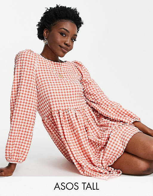 Women Tall textured mini smock dress with strappy back in red gingham 