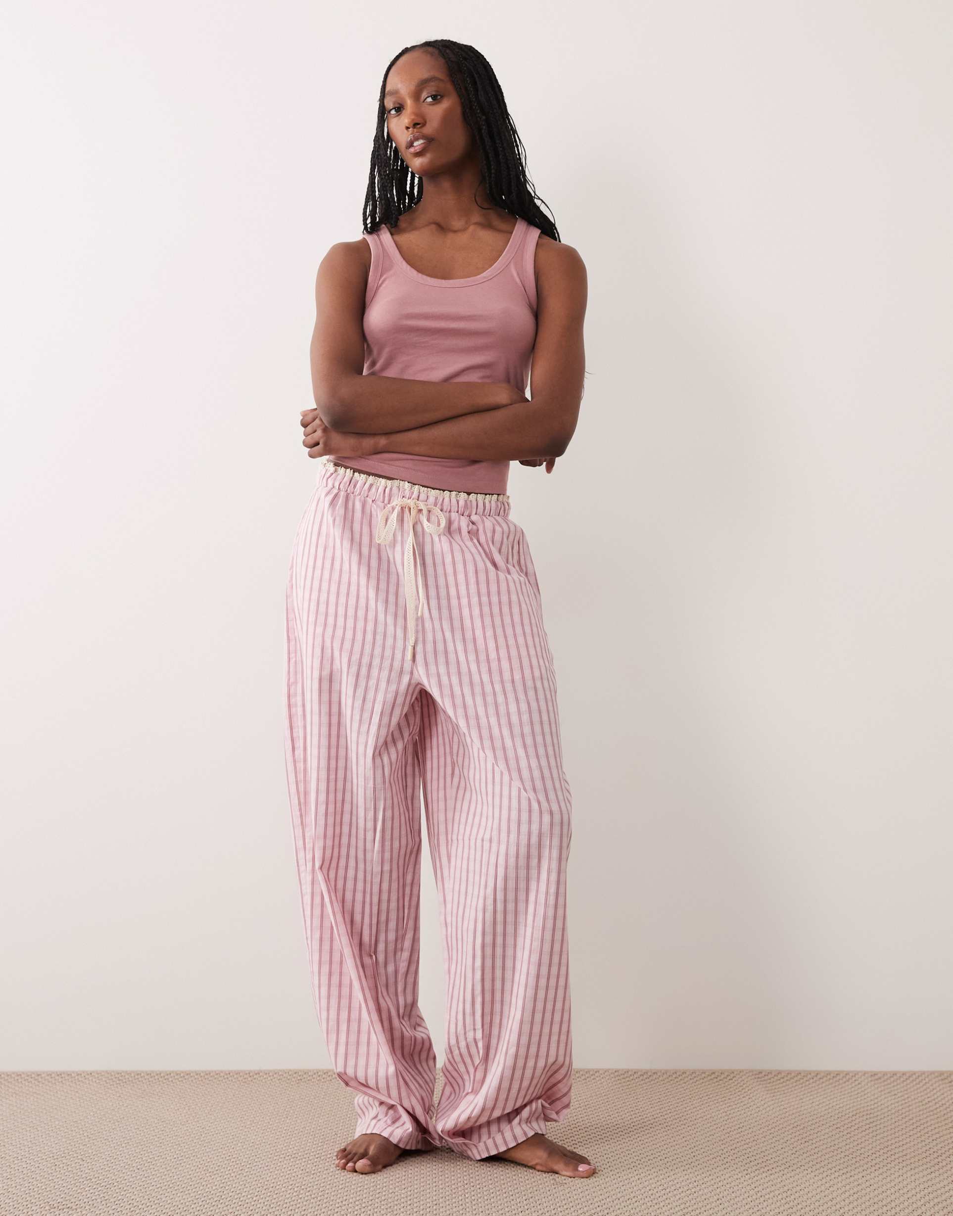 asos design tall textured pajama pants with lace waistband trim in pink plaid