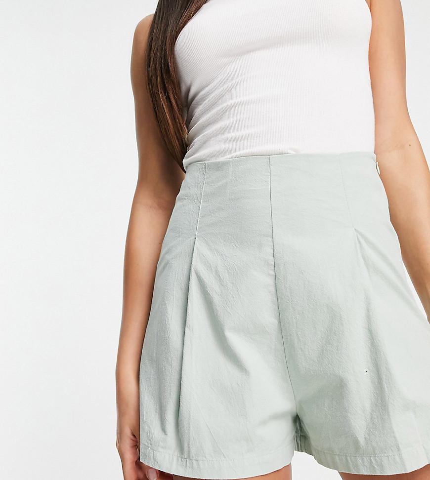 ASOS DESIGN Tall textured pleat front shorts in sage-White