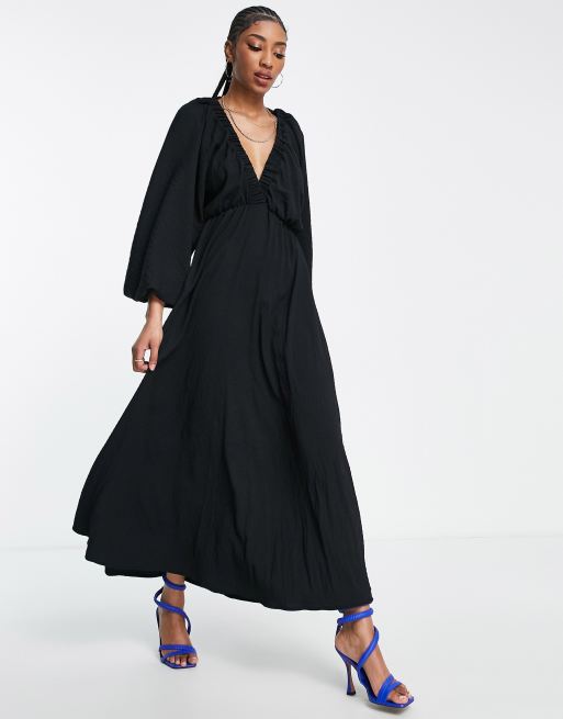 ASOS DESIGN Tall textured plunge maxi dress with batwing sleeves black | ASOS