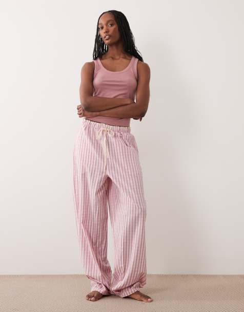 ASOS DESIGN Tall textured pyjama trouser with lace waistband trim in pink check - view 1