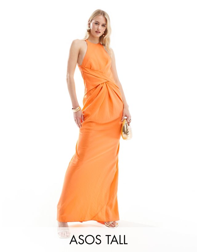 ASOS Tall - ASOS DESIGN Tall textured racer neck maxi dress with twist waist detail in orange