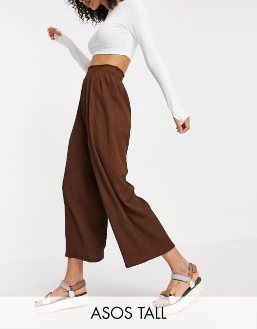 ASOS DESIGN Tall textured shirred waist culotte trouser in brown
