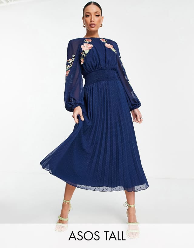 ASOS DESIGN Tall textured shirred waist open back pleated midi dress with embroidery in navy