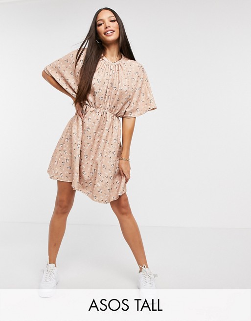 ASOS DESIGN Tall textured smock dress with gathered neck and waist seam in camel floral