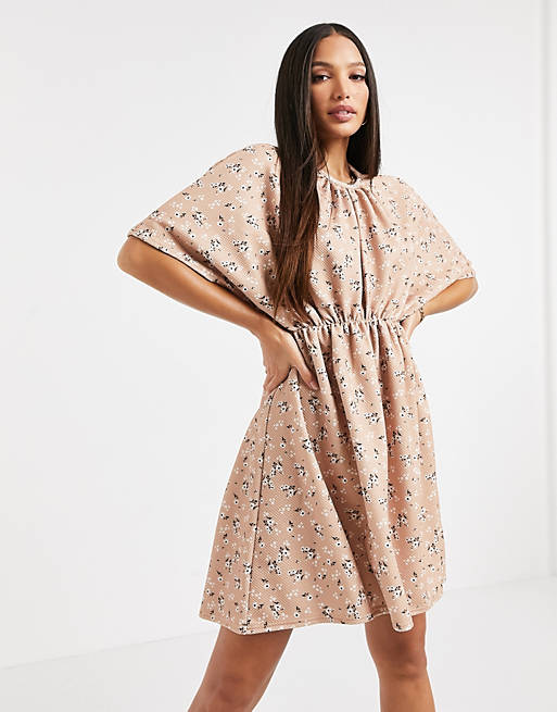 Women Tall textured smock dress with gathered neck and waist seam in camel floral 