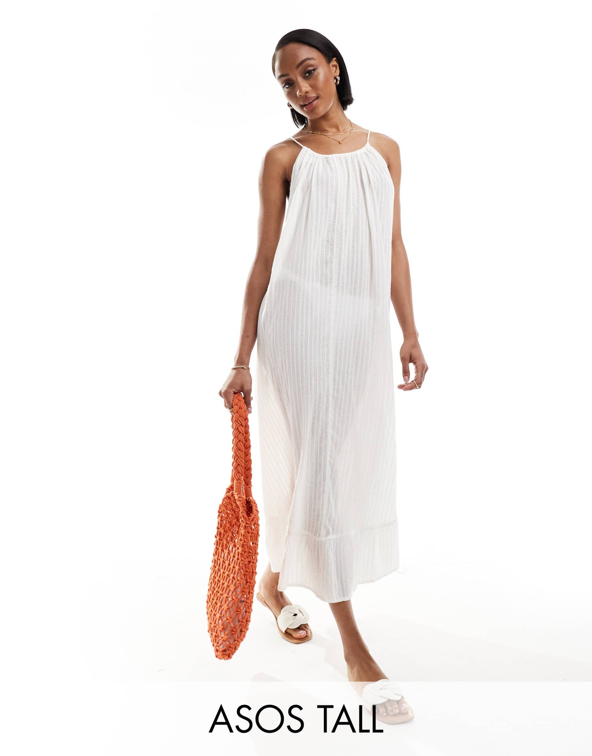 asos design tall textured textured drop hem maxi beach dress in ivory