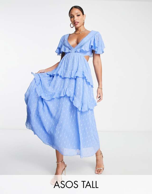 ASOS DESIGN Tall textured tiered midi dress with lace insert and open back in blue