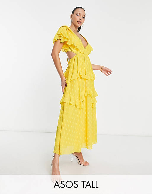 ASOS DESIGN Tall textured tiered midi dress with lace insert and open back in yellow 
