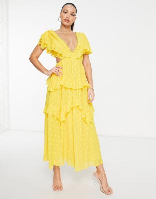 yellow open waist midi dress