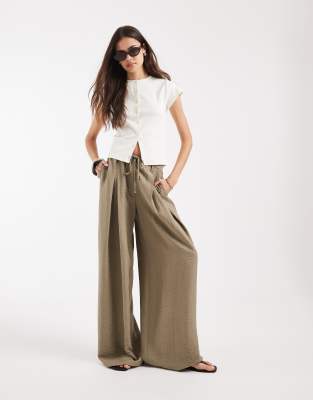 Asos Tall Asos Design Tall Textured Wide Leg Pants With Tie Waist In Green