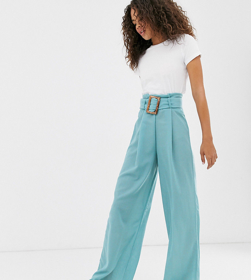 ASOS DESIGN Tall textured wide leg trouser with buckle-Blue