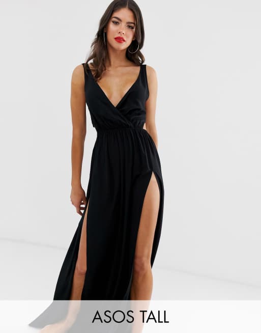 ASOS DESIGN TALL tie back cross front split maxi beach dress in black