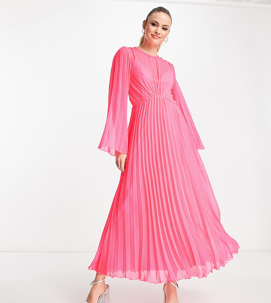 Asos Tall Asos Design Tall Tie Back Fluted Sleeve Pleated Midi Dress In Cerise Pink