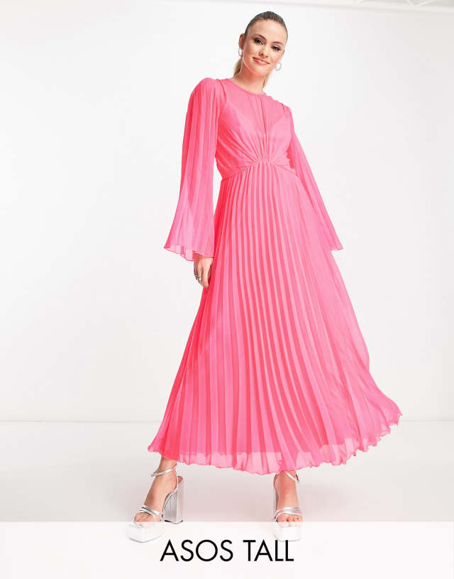 ASOS DESIGN Tall tie back fluted sleeve pleated midi dress in cerise pink