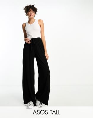 ASOS Tall ASOS DESIGN Tall tie belt wide leg trouser in black